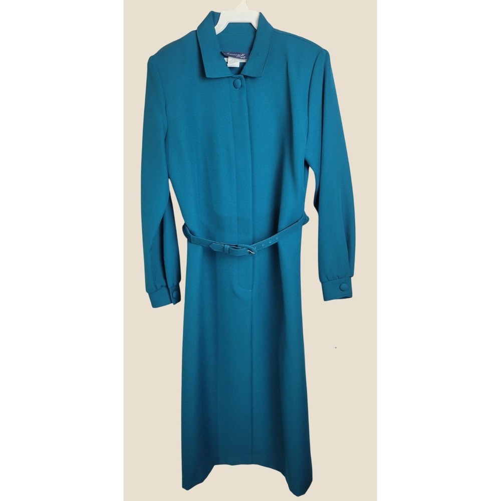 Vtg Nancy II Midi Dress 80s Minimalist Belted Long Sleeve Modest Teal Blue 10